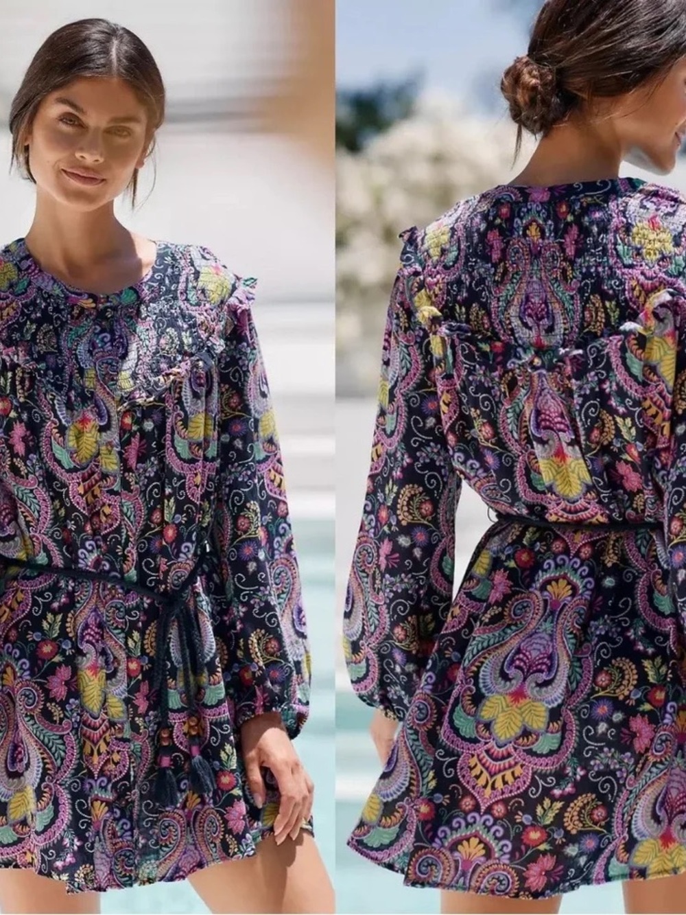 Anthropologie Tunisian Tunic Dress Paisley Vibrant Boho Smocked Collar Size M
